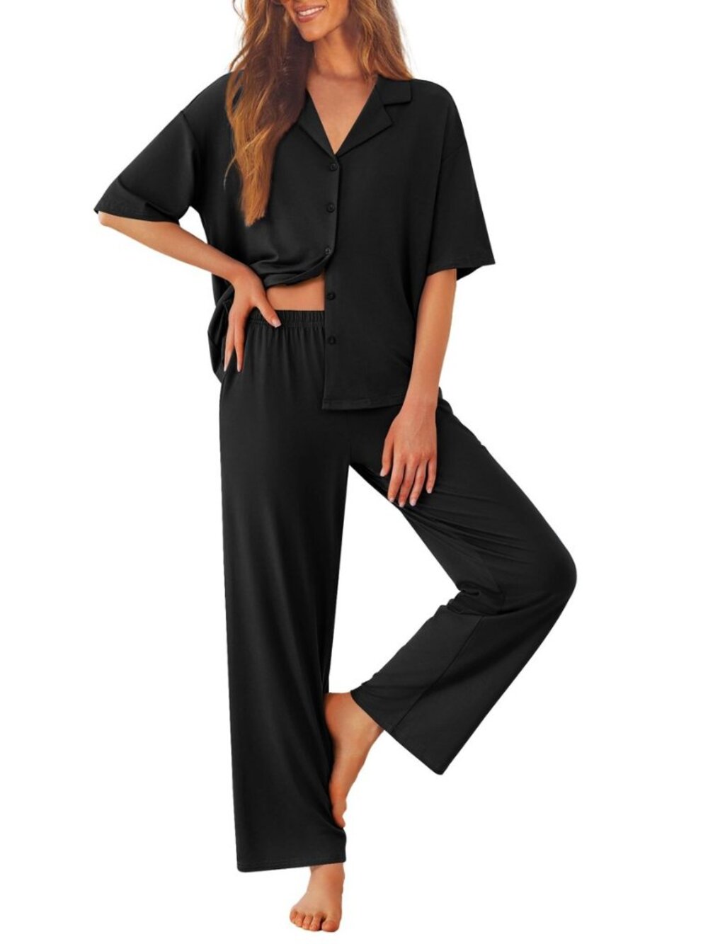Women Pajamas Set Button Down Sleepwear Short Sleeve Pjs Long Pants